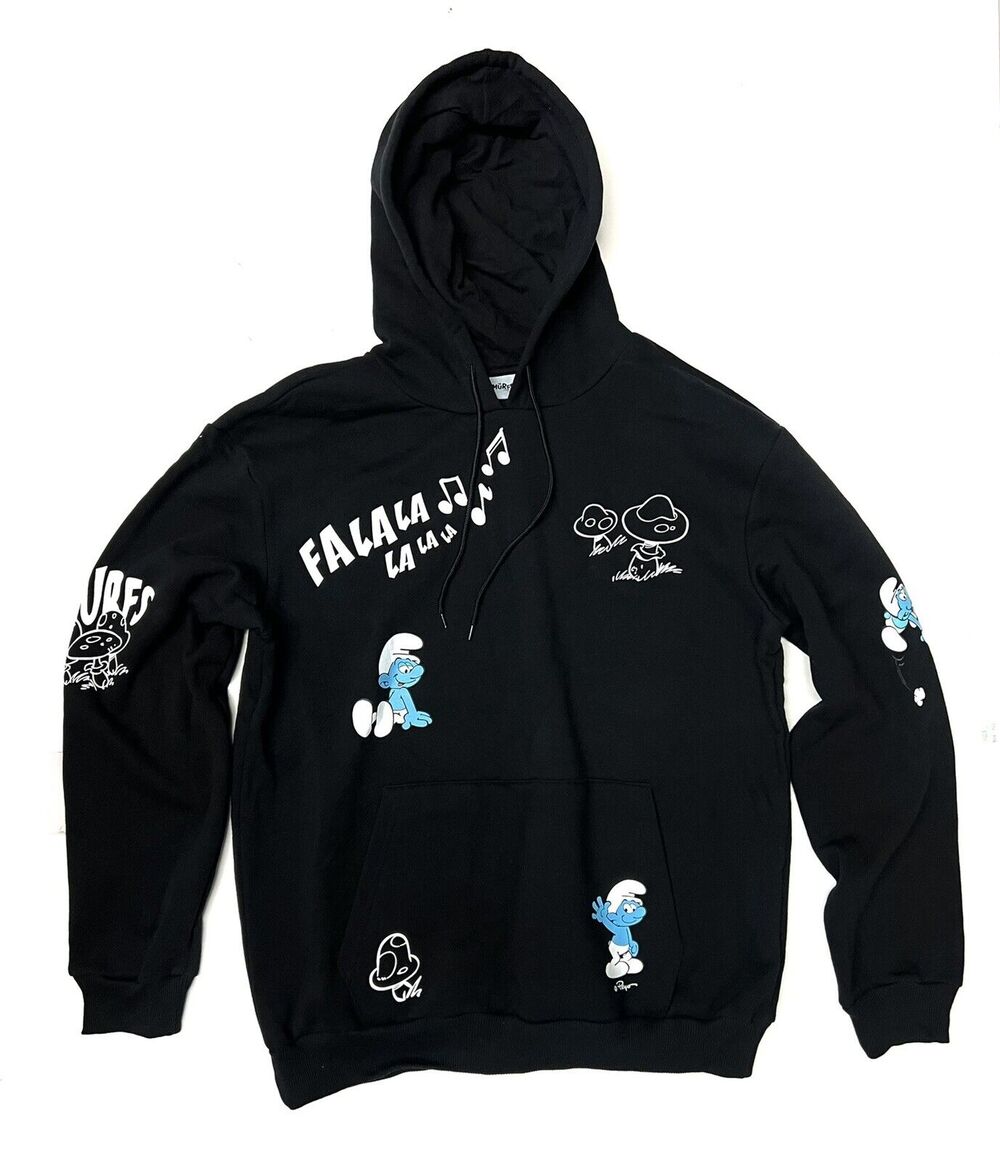 The Smurfs Hoodie Size L Sweatshirt Fa-la-la-la Mushroom Notes Pullover Unisex